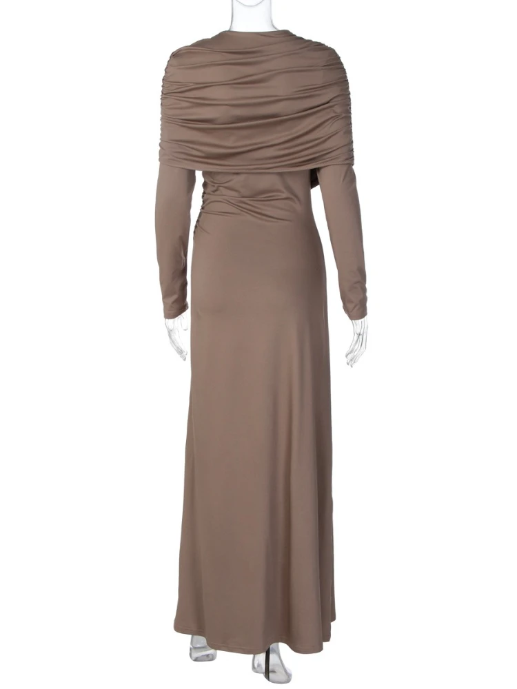 Elegancka sukienka wieczorowa z marszczeniami, długim rękawem, w jednolitym kolorze, damska, szykowna, z wysokim stanem, z zakładkami, asymetryczna długa sukienka maxi, suknie damskie.
