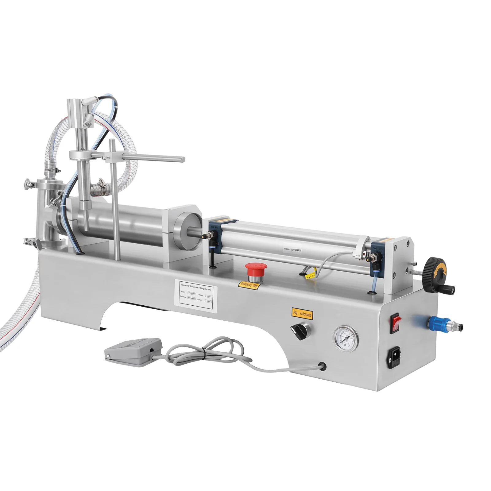100-1000ml Horizontal Pneumatic Liquid Filling Machine, 40 Bottles/min Single Head Liquid Bottling Filler with Foot Switch and Barometer