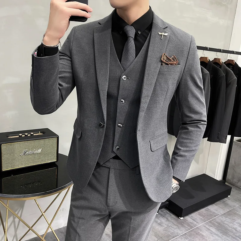 Fashion Elegant Social Formal Set Solid Men's Business Casual Suit Jacket + Vest + Pants Three Piece Suit Groom's Wedding Set