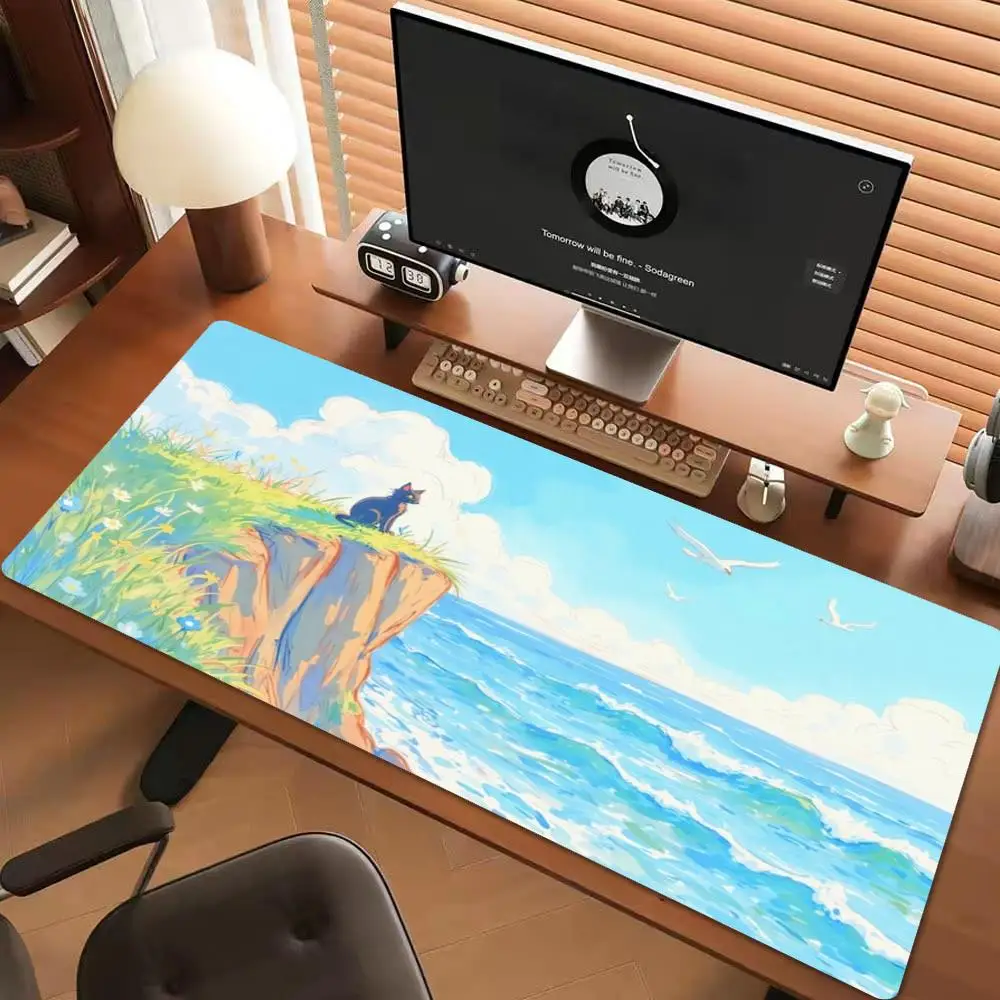 XXL Large TCG Playmat Anime Black Cat Cliff Seaside Ocean Wave Cloud Seagull Non‑Slip Rubber Keyboard Mat Desk Mats Playmats