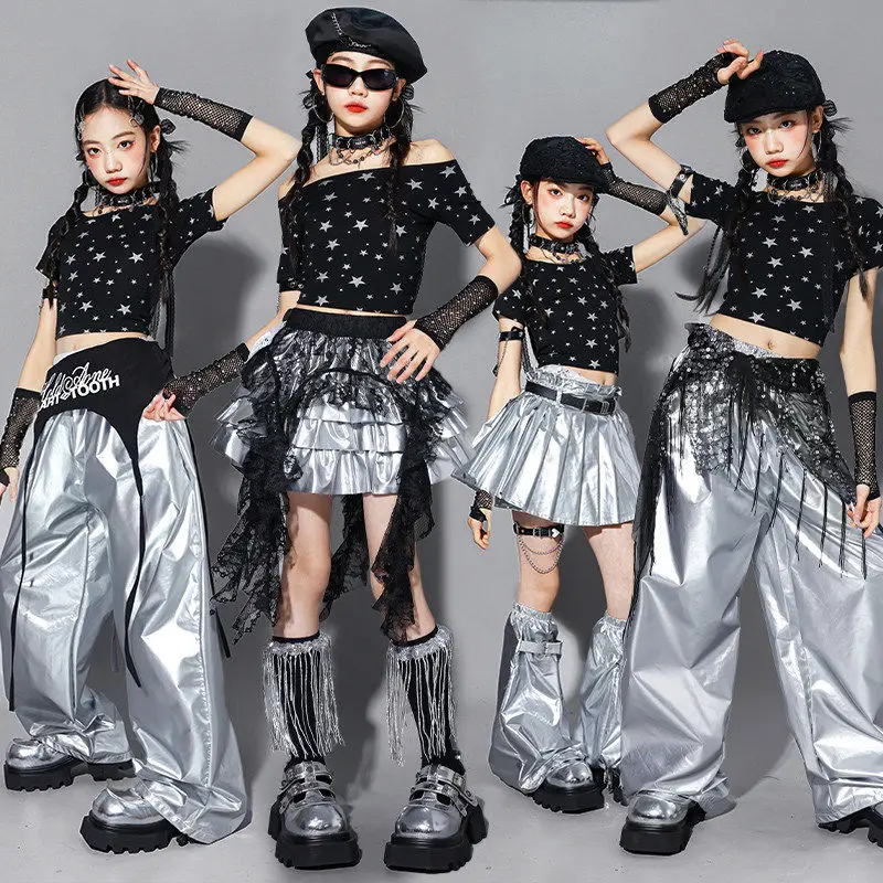 

Одежда для танцев в стиле K-pop для девочек, сценический костюм для джазовых выступлений, черный укороченный топ и юбка, детский подиумный костюм, модная уличная одежда 3474