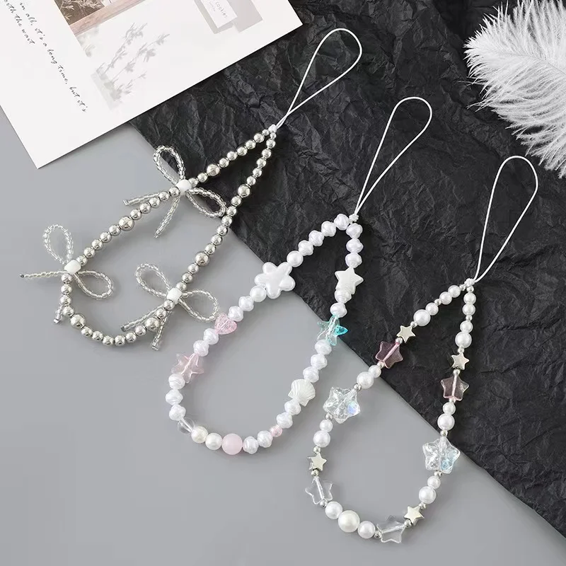 Korean Cute Pink Bow Pearl Pendant Beaded Phone Charm For iPhone Accessories Lanyard Woman Girl Jewelry Strap Strap