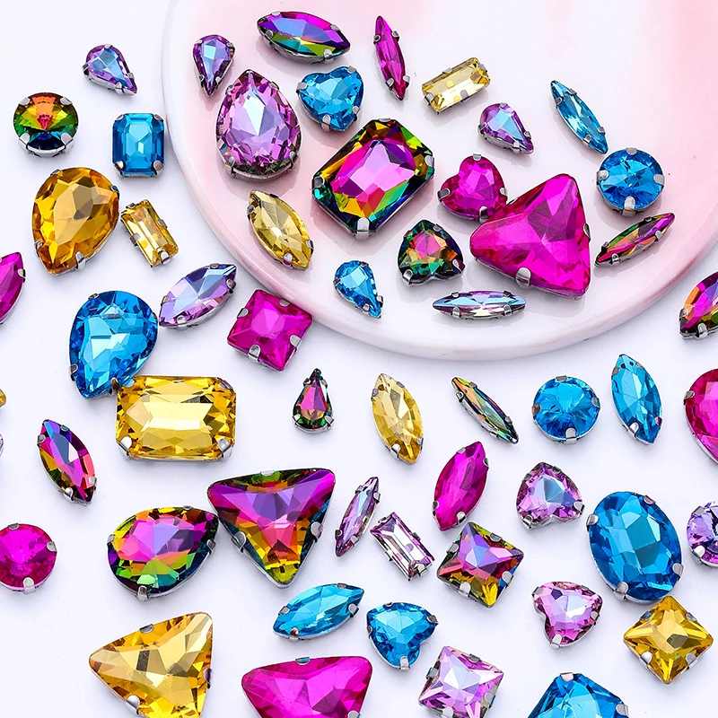 

50Pcs Mixed Shape Sewing Glass Crystal Silver Claw Base Rhinestone DIY Wedding Dress Headdress Clothing Decoration Accessories