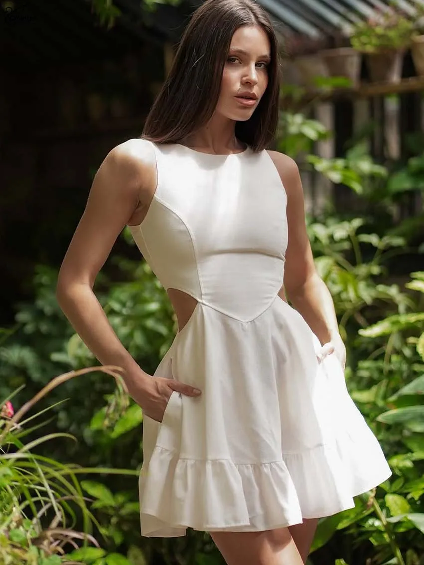 

Oymimi Casual White O-Neck Women's Dress Fashion Elegant Sleeveless Slim Hollow Out Dresses Autumn Zipper Pleated Pockets Dress