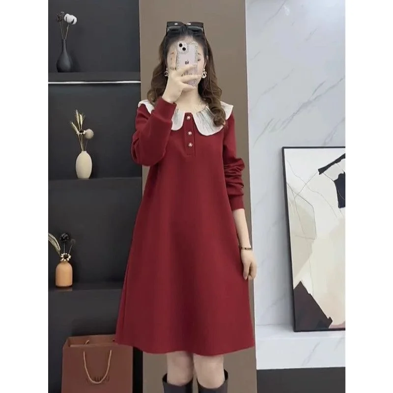 

plus Size Red Doll Collar Midi Dr Women's Faionable Agel Korean Sle A-Line Skirt Long Sve Autumn Winter Dr