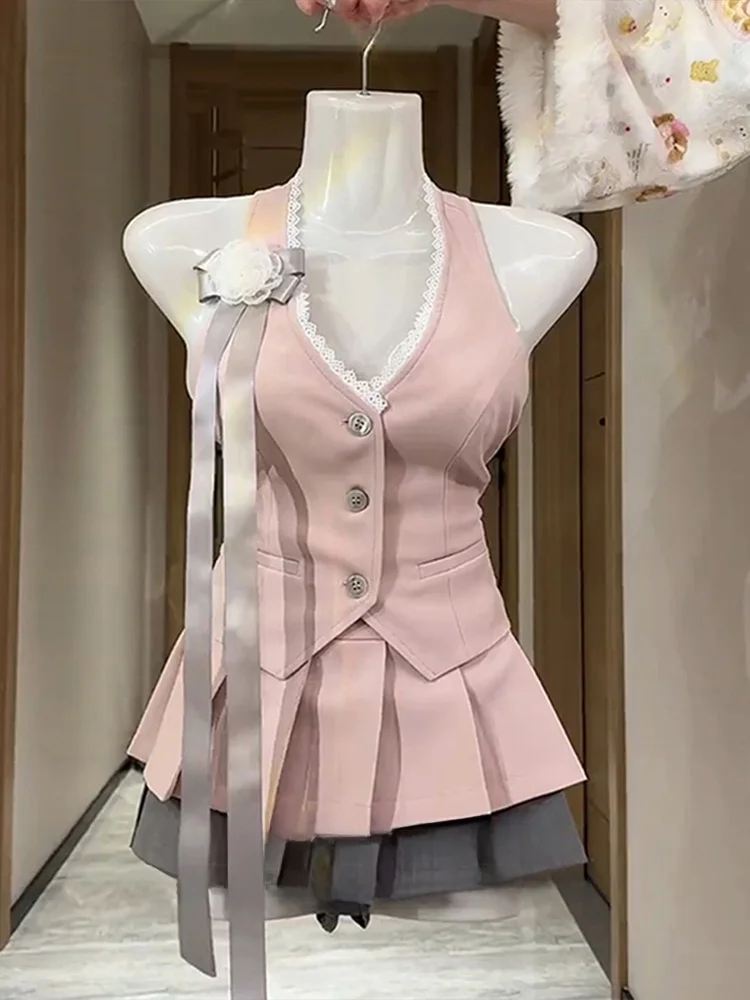 

2025 New Ne Hanging Vest Flrooch Pleated Skirt Two Piece Set Women's Spring Summer Anti Aging Whole Set Outfit