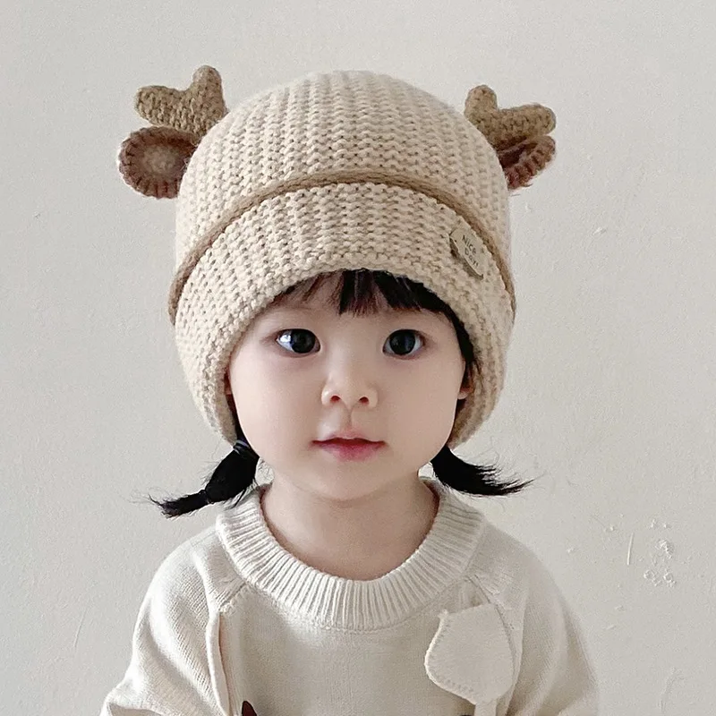 

Kid's Beanie 46-50cm children's Baby Hat Autumn Winter Cute Antlers Warm Windproof Pullover Hat Boys Girls Ear Protection Hat