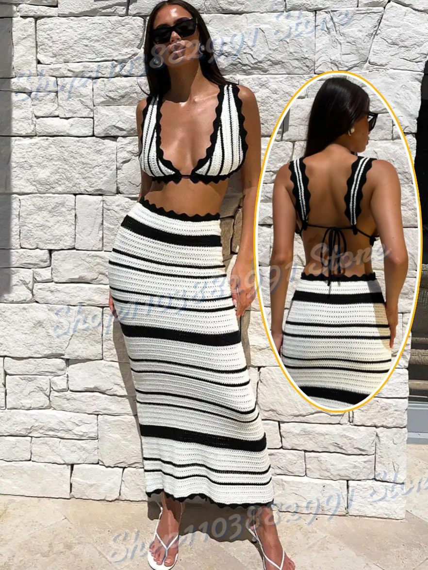 Neue Sommer gestrickte Strand rock Anzug Frauen sexy rücken freie böhmische Outfits Mode gestreifte Ernte Top BH 2 Stück Set 2024 Beach wear