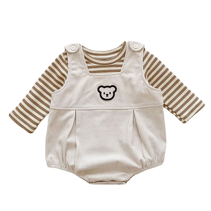 

Spring Baby Clothes Sets Stripe T-Shirts Corduroy Overalls Embroidery Cartoon Bear Romper for Boys Girls Korean Infant Outfits