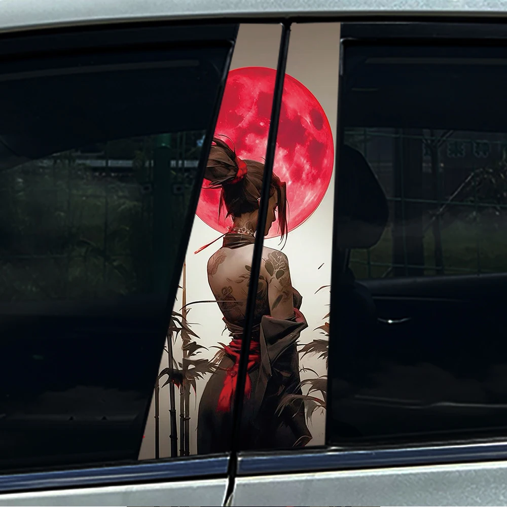 

2PCS Dark Tattooed Geisha with Red Moon Car B-Pillar Sticker Anti-UV Waterproof Decal for Car Door Middle Column Cool Style