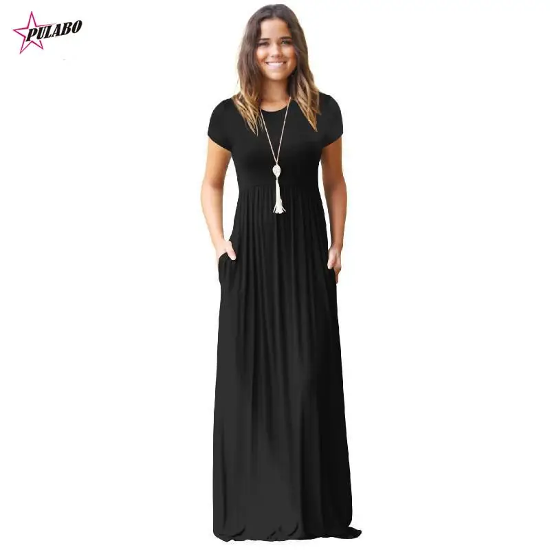 PULABO Hot Sale Spring Summer Floor Length Women O Neck Casual Pockets Short Sleeve Loose Party Vestido Longo De Festa Female