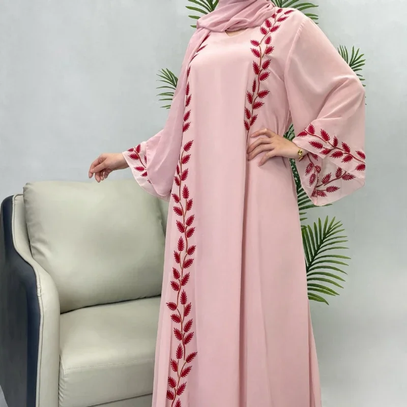 CHICEVER Pink Color Chubby Women's Party Dresses Round Neck Flare Sleeves Loose Waist Embroidery Abaya with Scarf Female Clothes