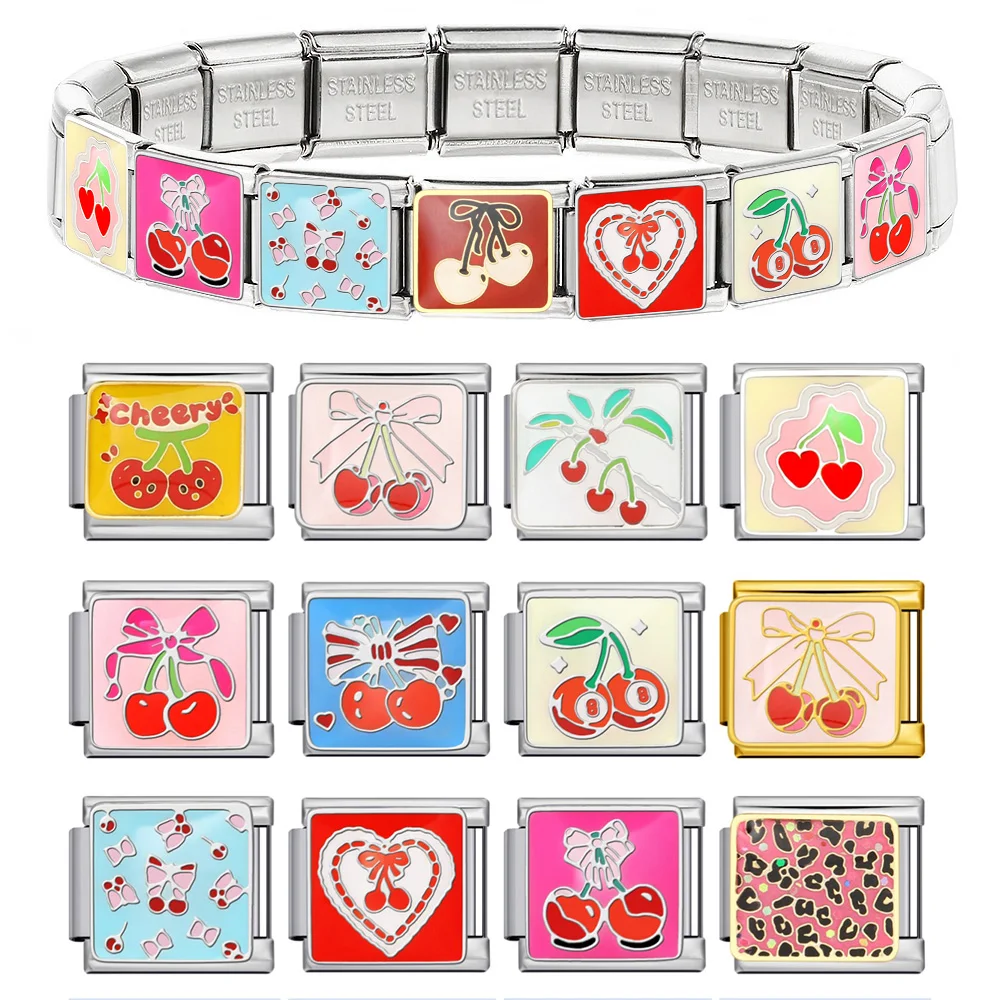 Colorful Glaze Butterfly Cherry Love Heart Women Girl Bracelet Charm Link Fit 9mm Stainless Steel Italian Jewelry DIY Making
