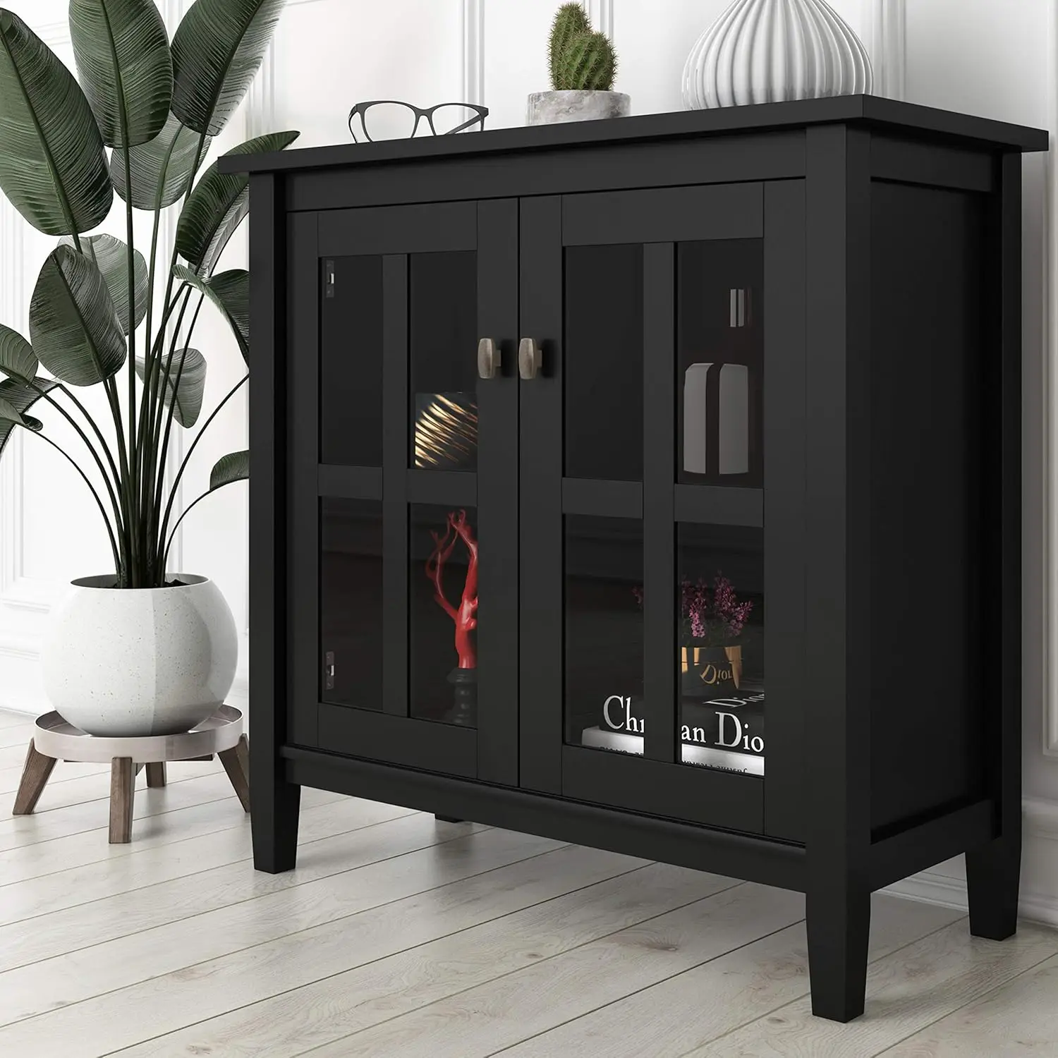 32 Inch Wide Transitional Low Storage Cabinet in Black, with 2 Adjustable Shelves, Tempered