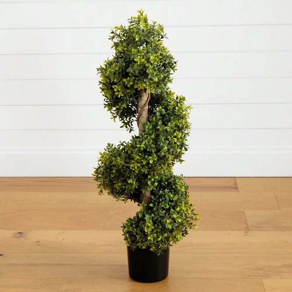 33” Topiary Boxwood Spiral Artificial Tree Natural Trunk UV Indoor/Outdoor