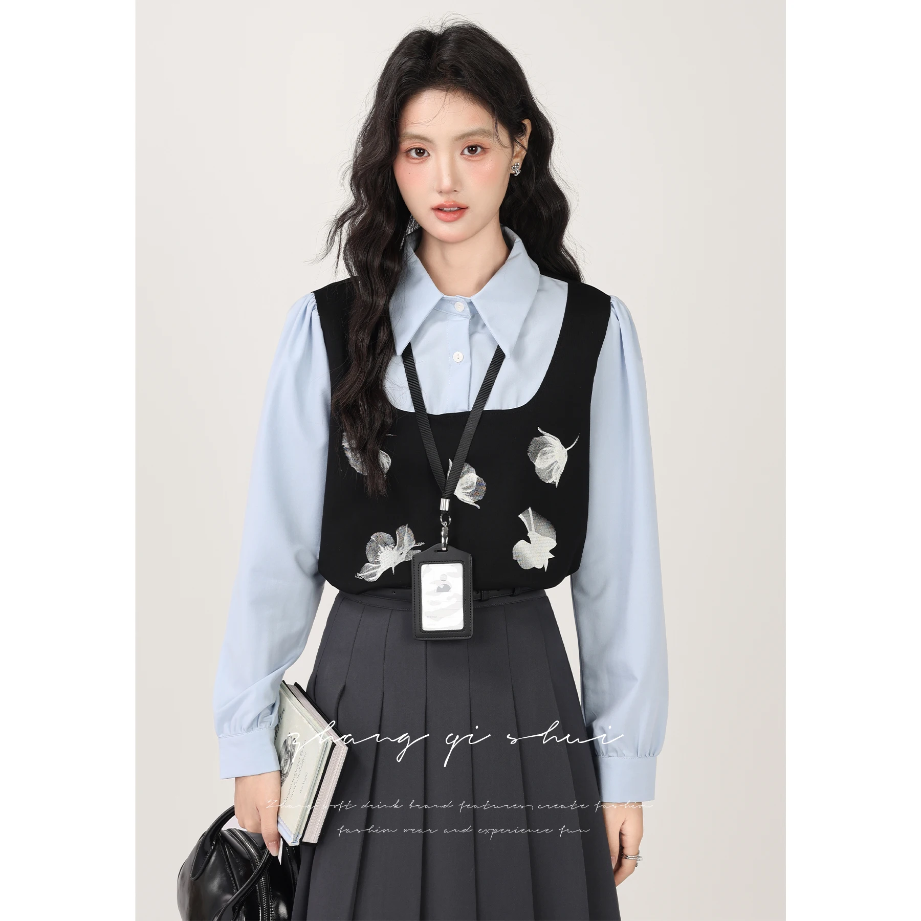 

Blue Printed Splice irt Women's Ele Top Korean Sle Commute Faion Padded Jaet Long Sve Slimming Effect