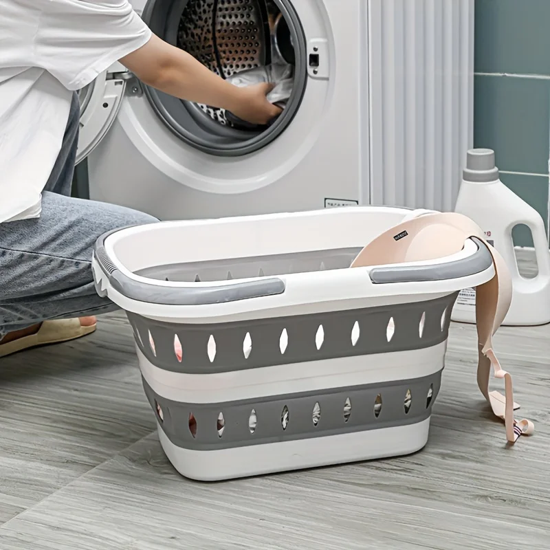 Collapsible Handled Laundry Basket Ellipse Oval Tub Portable Washing Tub Space Saving Laundry Containers Home Organizer Basket view 3
