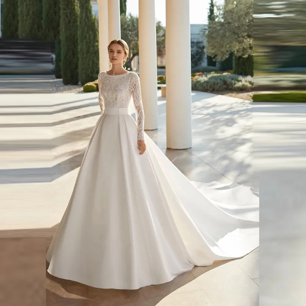 Robe de Mariée en Satin à Manches sulf, Élégante, Magnifique, Sexy, Dos aux, Appliques en Dentelle, Serpillière, Nouvelle Collection 2023