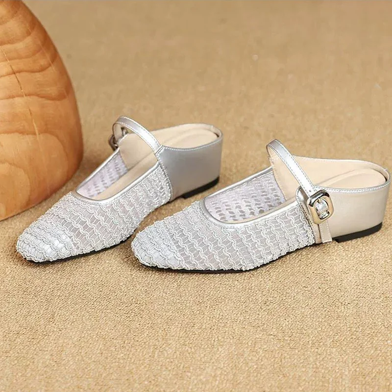 2026 New White Woven Mesh Mary Jane Mules Square Toe Hidden Heel Wedge Sole Balletcore Comfortable Commute Daily