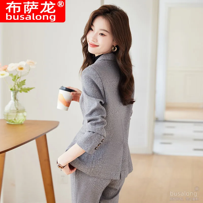 Gray Suit Women's Autumn and Winter Career Apparel Temperament Goddess Style Suit Jacket Women's Coat Hotel Work Clothes