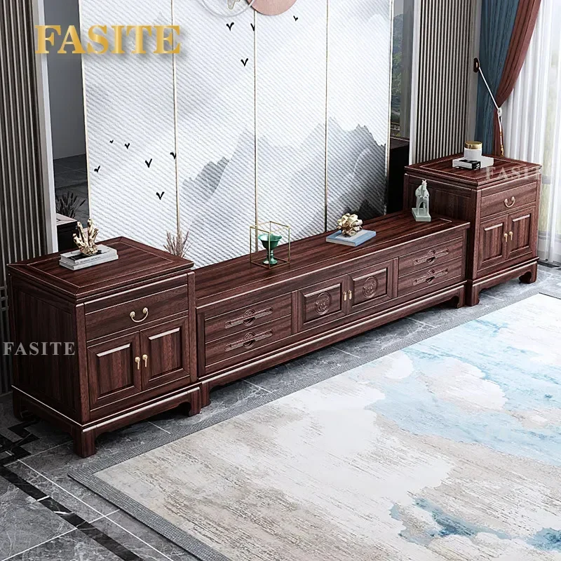 For 2m Ebony Solid Wood TV Cabinet Living Room Furniture Carved Drawer Storage Console Table with Coffee Table Home Decor