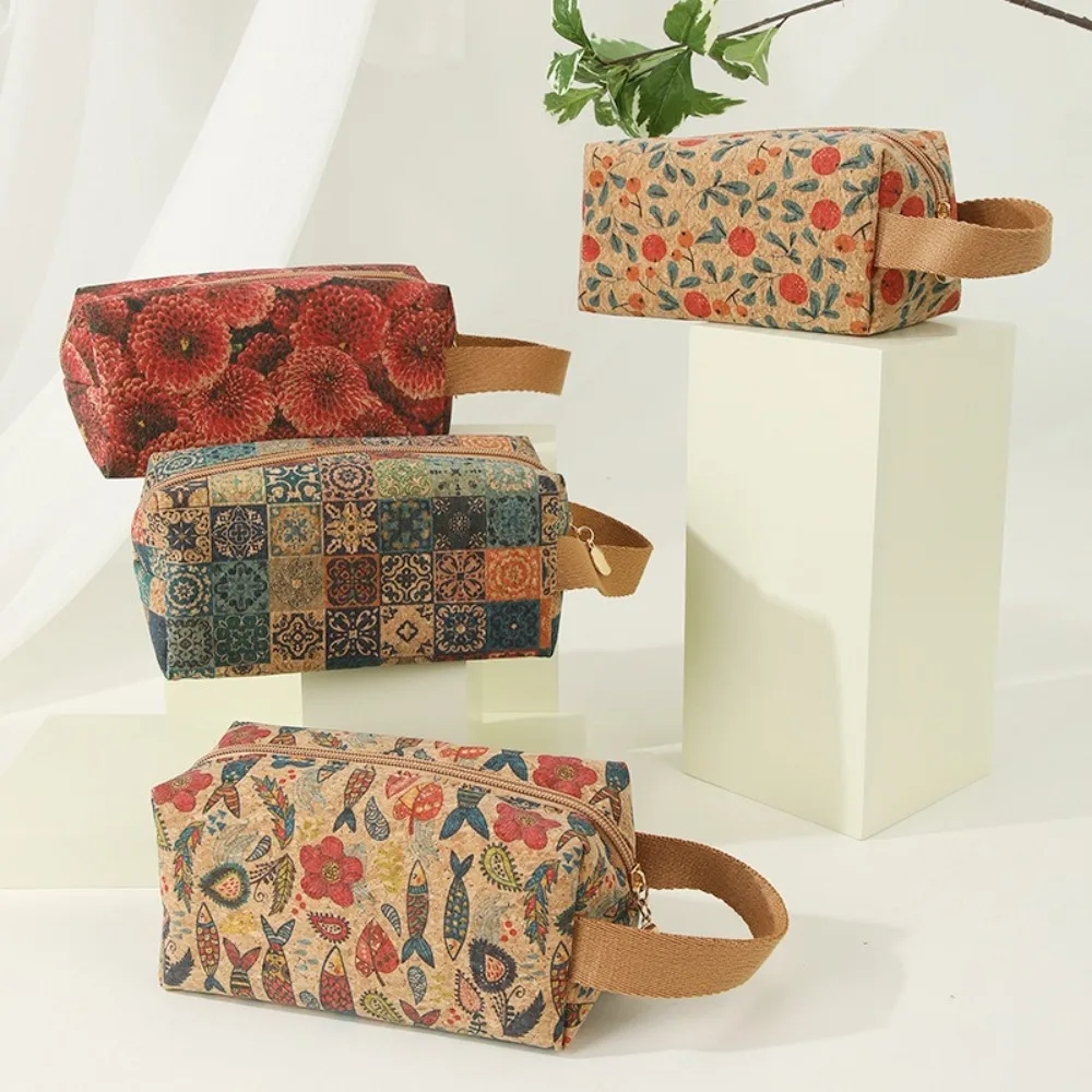 New Portable Cosmetic Storage Bag Retro Printed Cork Wood Makeup Bag Multifunctional Bath Toiletry Handbag Simple Travel Pouch