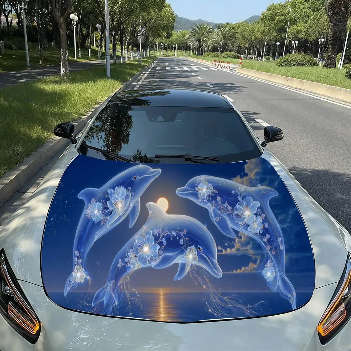 

Dolphin Ocean Moonlight Aesthetic PVC Car Hood Wraps, Self-Adhesive Waterproof Car Bonnet Decal Sticker, Car Decoration Protecti