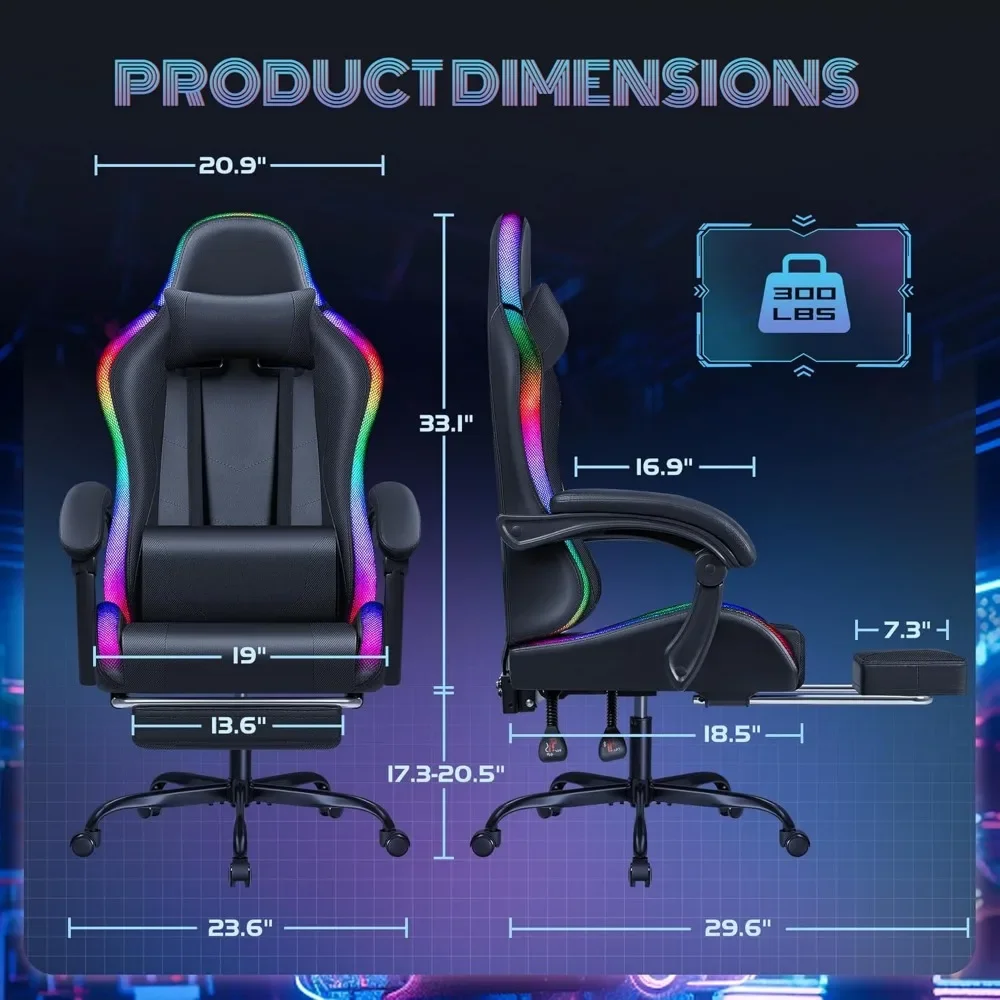 Gaming Chair with RGB LED Lights, Video Game Chair with Footrest and Massage Lumbar Support, High Back Reclining image 3