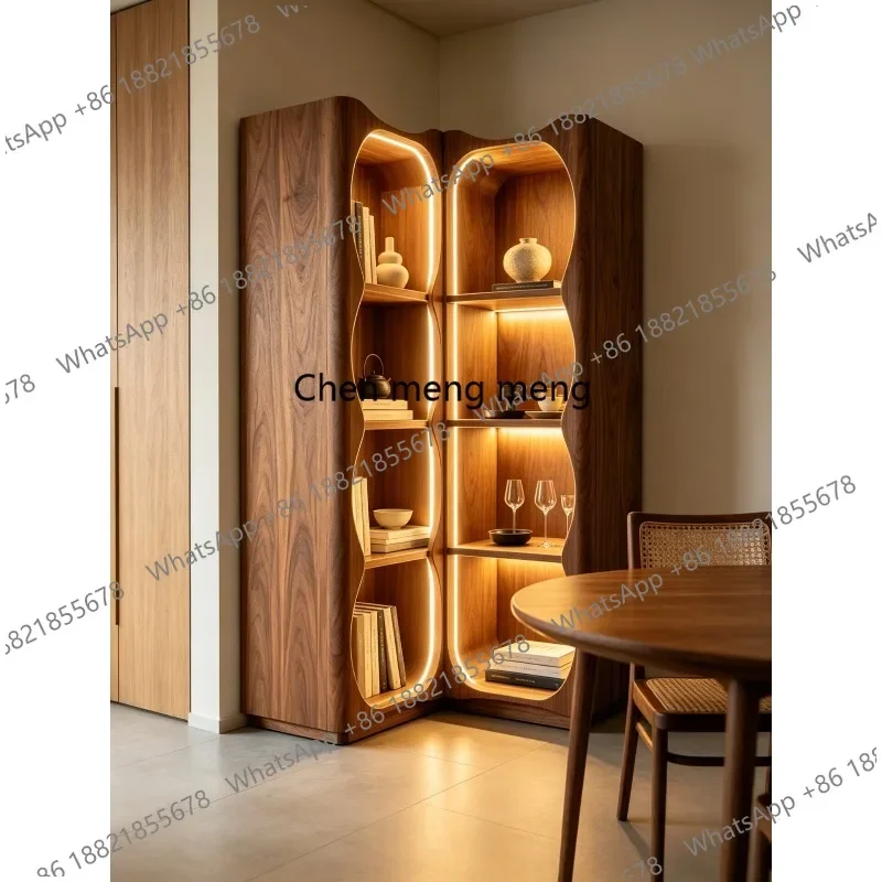 

HR Black walnut solid wood bookcase, floor corner bookcase high-end display, storage locker