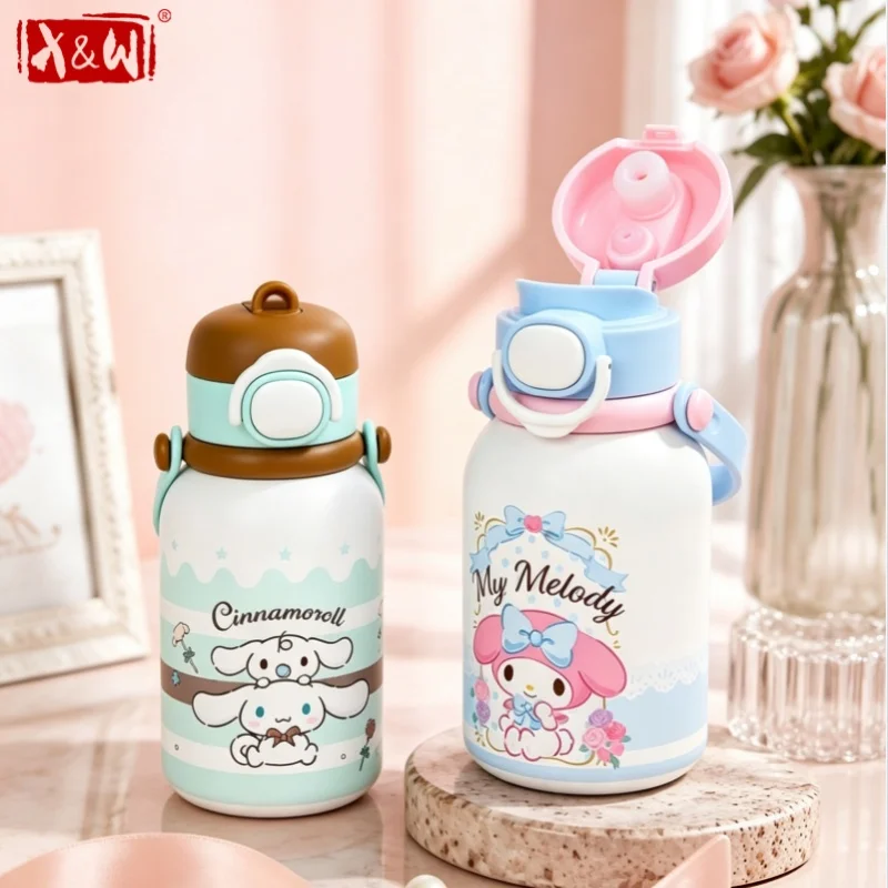 X&W Sanrio 316 Stainless Steel Thermos Cup 570Ml Cartoon Kids Water Cup Portable Handheld Straw & Direct‑Sip  Cup for Students