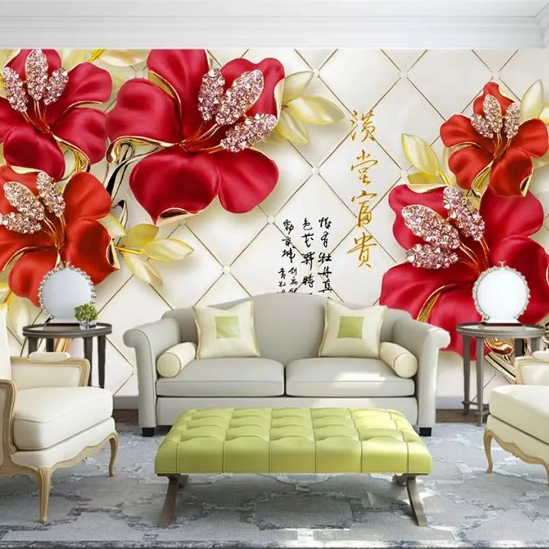 

Обои на заказ, 3d элитные легкие роскошные ювелирные изделия, цветы, европейская элегантная атмосфера, красный цветок, алмазный цветок, фоновые фрески