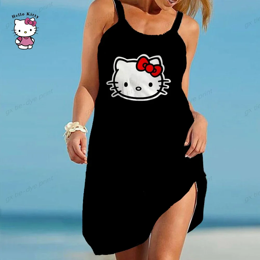 Hello Kitty Print Mouwloze Jurk Vrouwen Vakantie Strand Mini Hawaiiaanse Jurk Boho O Hals Casual Mode Slanke Losse Jurken 2023