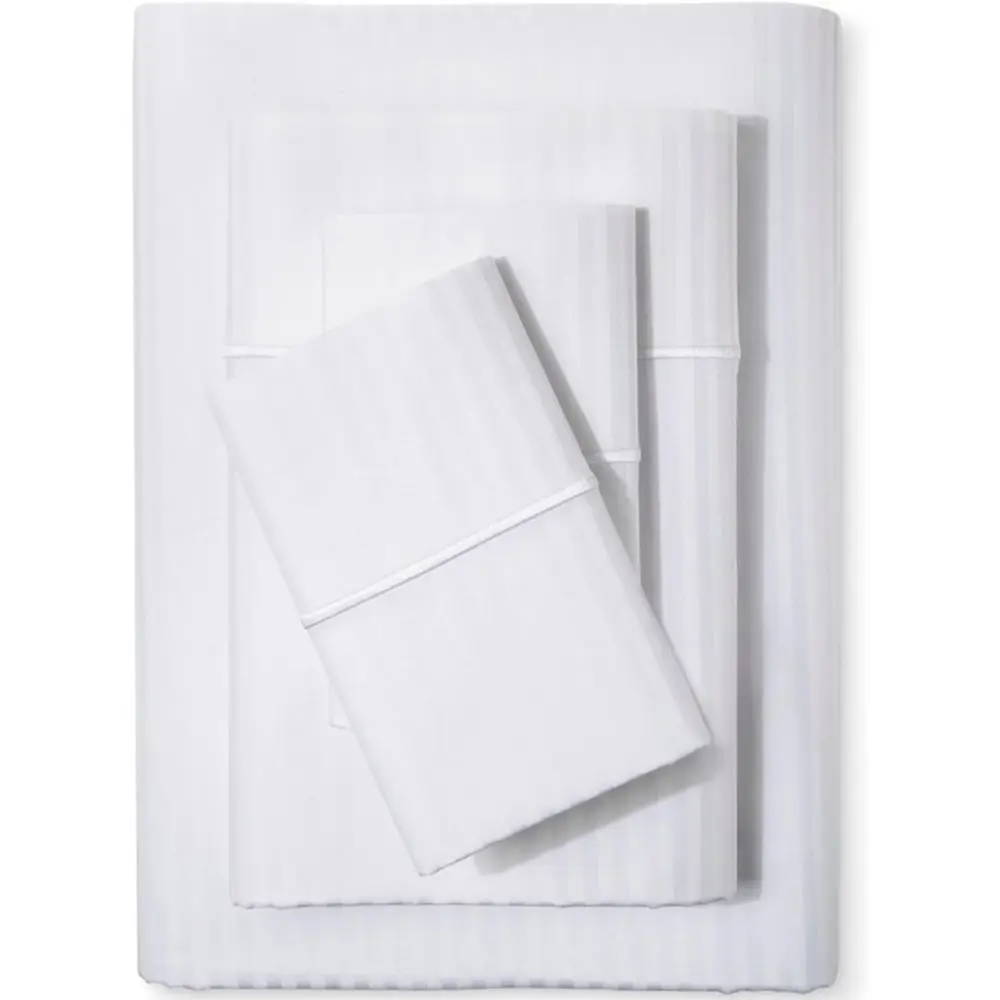 

500 Thread Count Cotton Damask Bed Sheet Set, 4-Piece Breathable Striped Bedding, 18 Deep Pockets, White Stripe