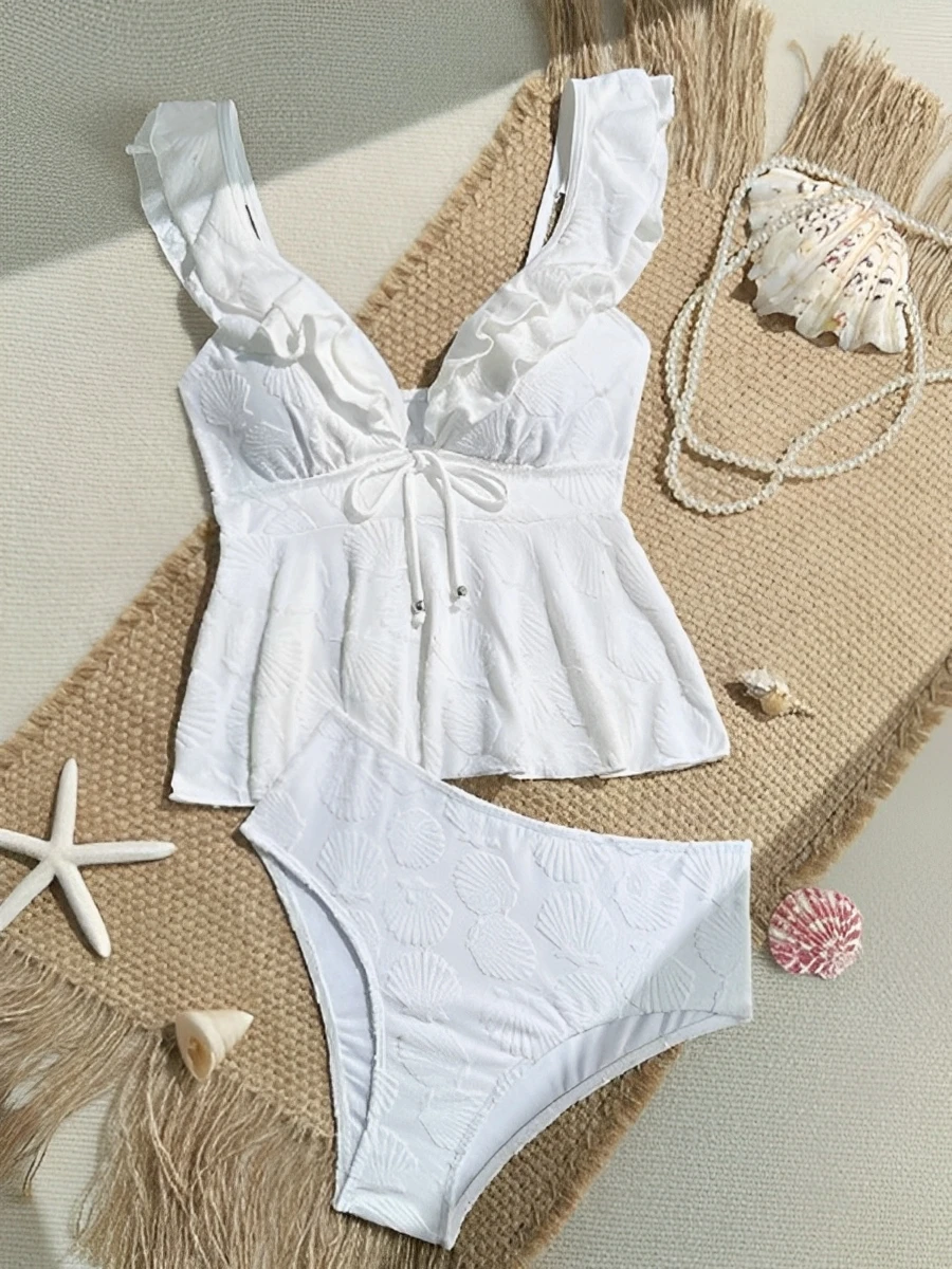 2025 كشكش Tankini قطعتين الصلبة ملابس السباحة النساء قذيفة الأبيض ملابس السباحة الإناث الاستحمام السباحة لباس سباحة بحر #3