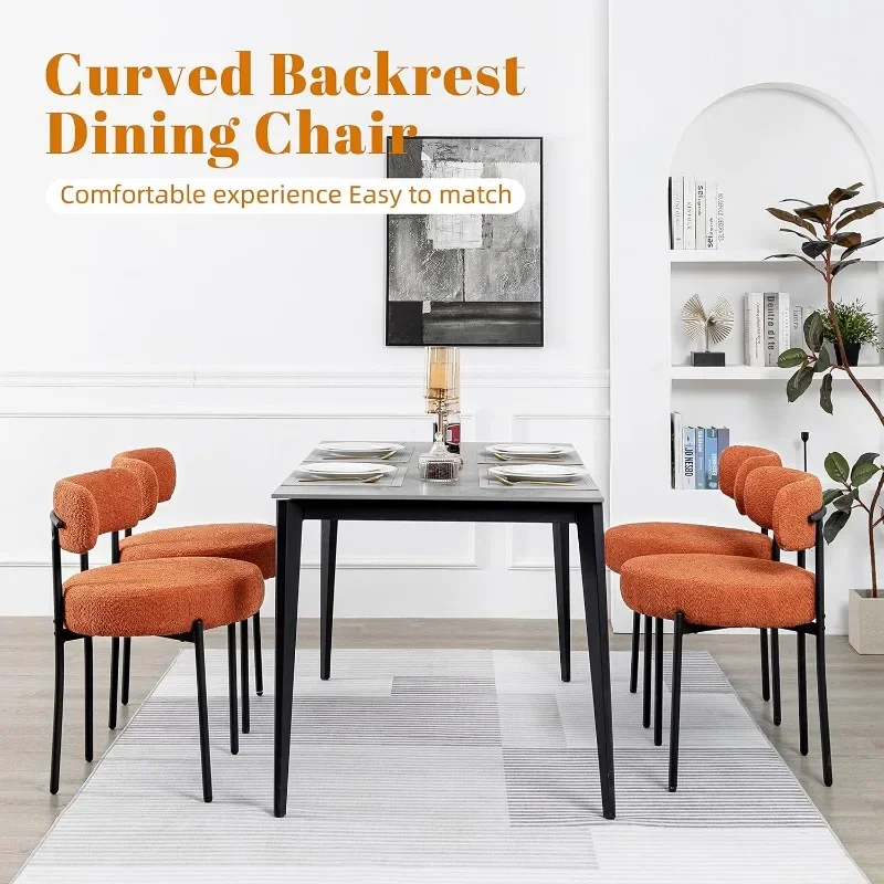 Mid-Century Modern Dining Chairs, Kitchen Dining Room Chairs, Curved Backrest Round Upholstered Boucle Sherpa Dining