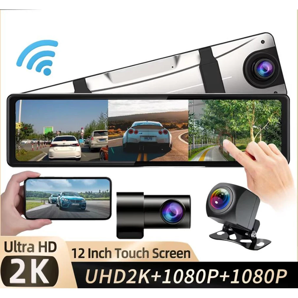 3 Channels 2K Dash Cam For Cars, 12 Inch Touch Screen Rearview Mirror, With Wifi APP 1440P+1080P+1080P Front Inside And Back Cam