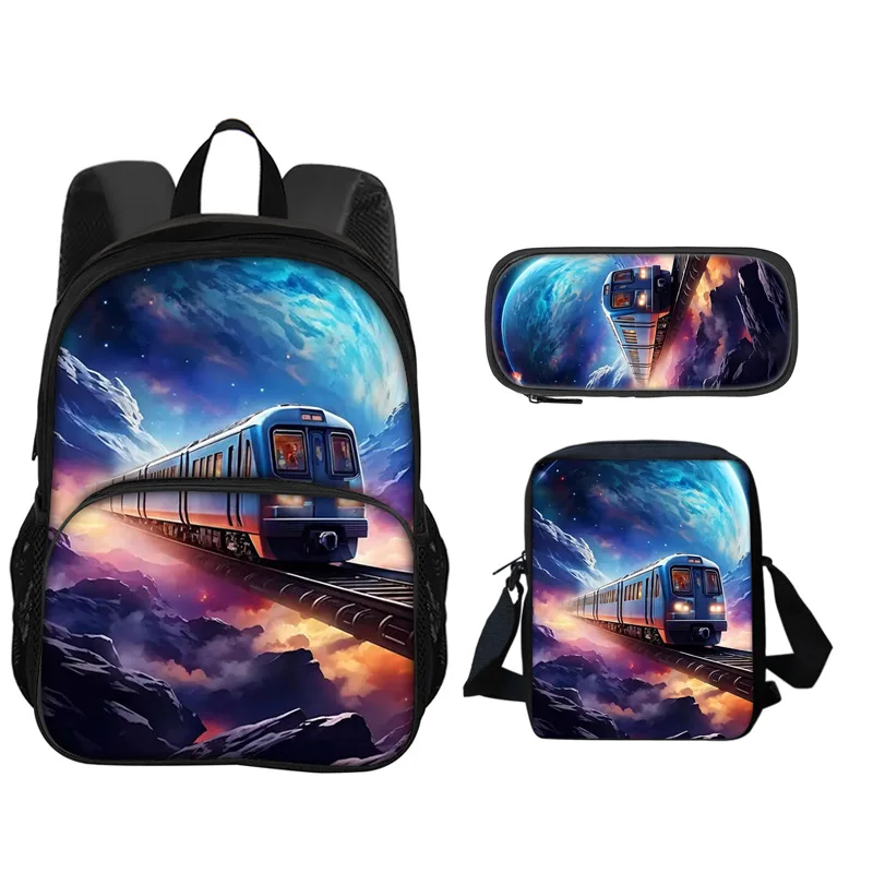 Train Round Front Bag Backpack Pen Bag Shoulder Bag 3Pcs Set Large Capacity Lightweight Printed Best Companion for Boy and Girls