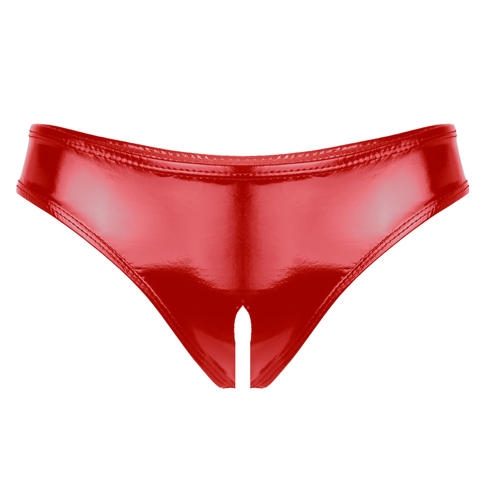 Womens Lingerie Underpants Wet Look Patent Leather Open Crotch High Cut Mini Briefs Latex Sissy Gay Underwear Crotchless Panties