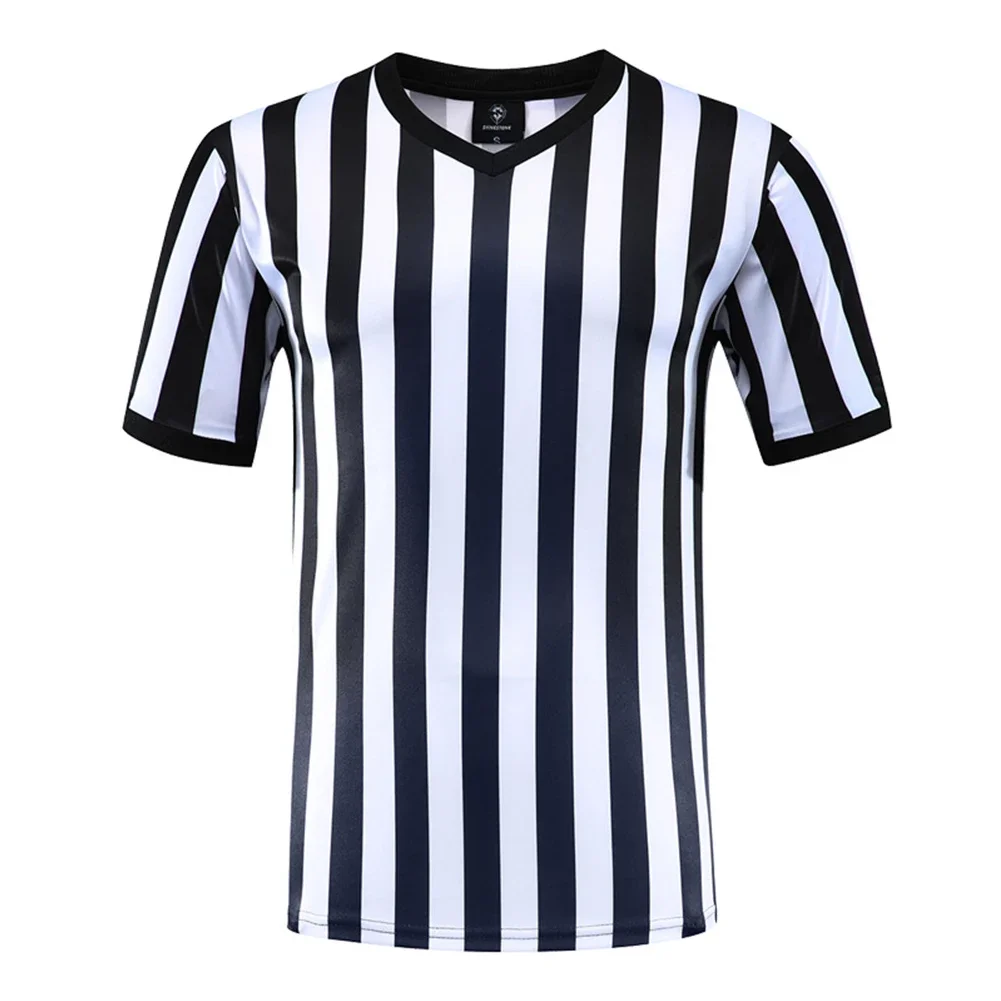 Striped Referee Uniform Short Sleeve V-neck Referee Wearing Men Football Basketball Court Shirt Sporting Goods Collared T-shirt