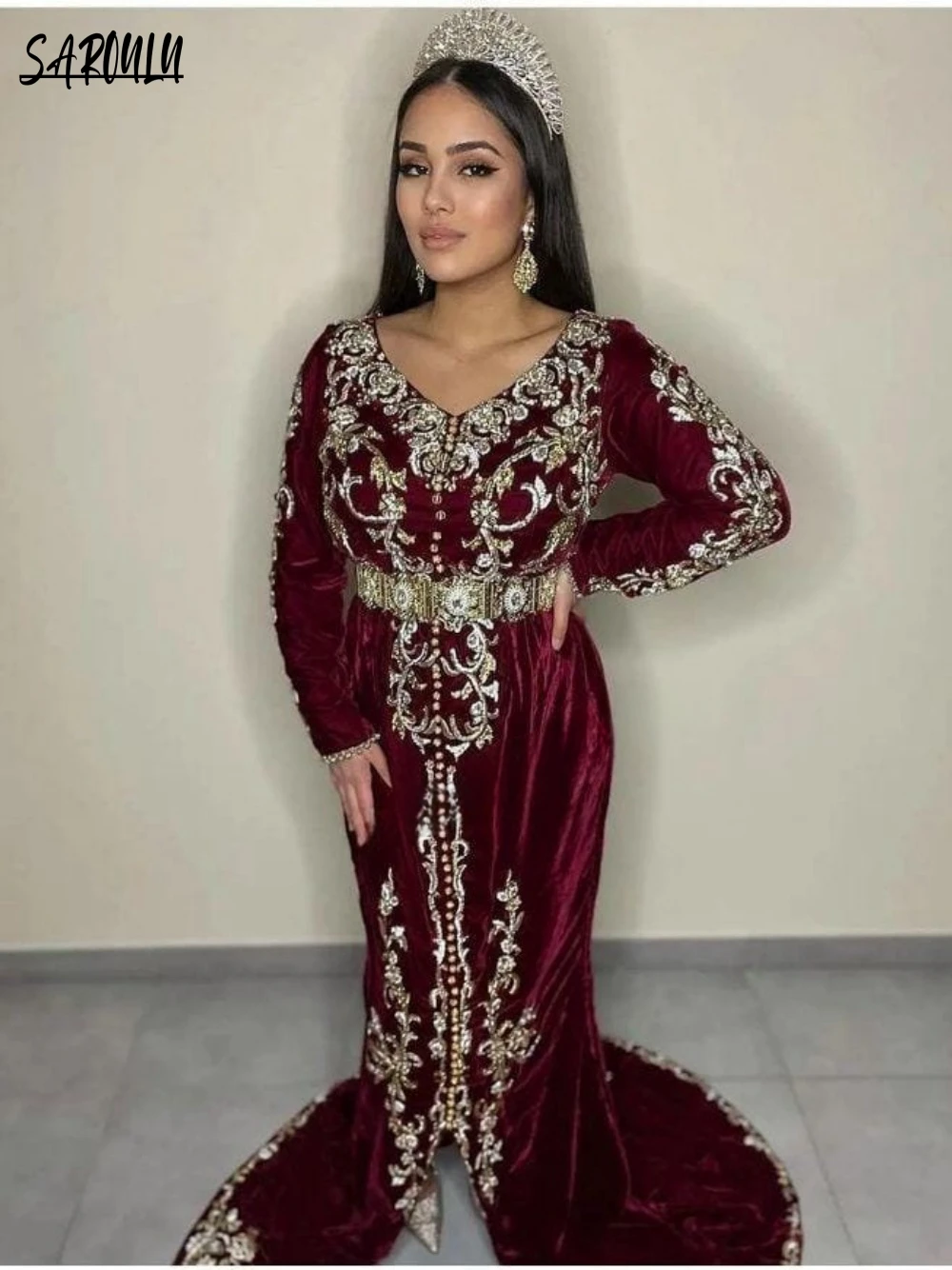 Arabic Evening Dress Dubai Moroccan Party Kaftan Customized Prom Elegant Beading Crystals Floor-length Gown Vestidos De Gala