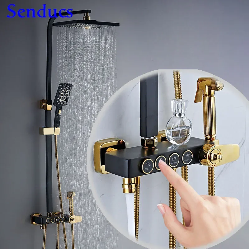 Thermostatic Shower Set Four Function Black Gold Bathroom Shower System 12 Inch Rainfall Shower Head Copper Bathtub Mixer Faucet