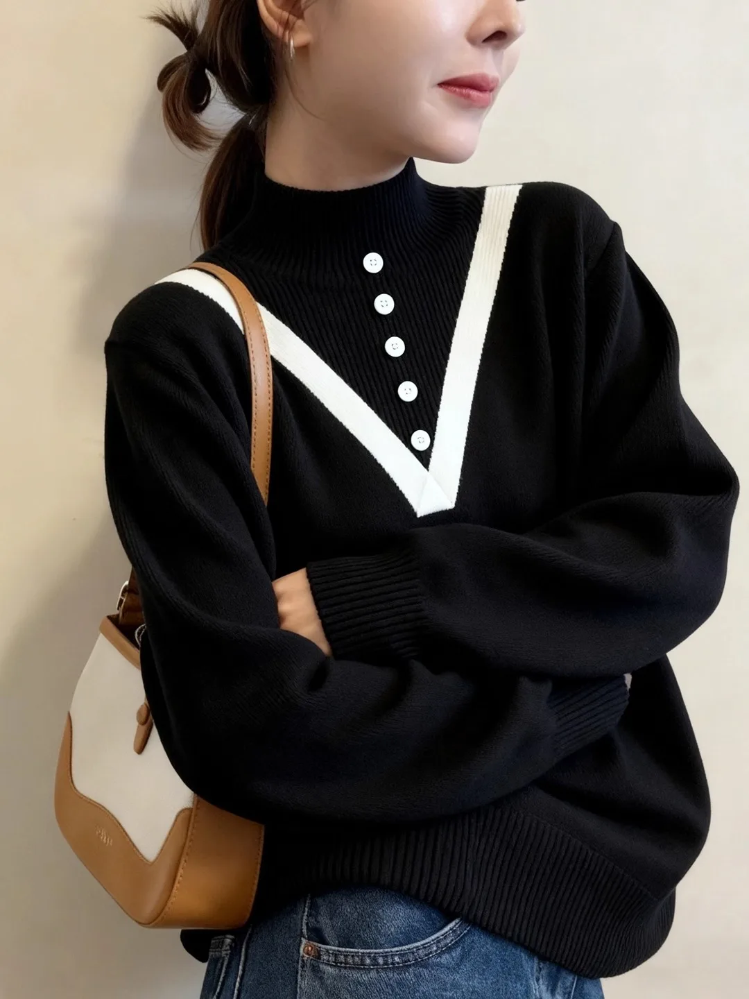 

Loose Knitted Sweater Women's Autumn Winter New Sle Long Sve Inner Wear Base irt Color Blo Decorative Button Top