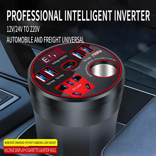 Inversor de corriente multifuncional para automóviles, convertidor de 12V/24V a 220V, convertidor de potencia integrado de carga rápida de 200W