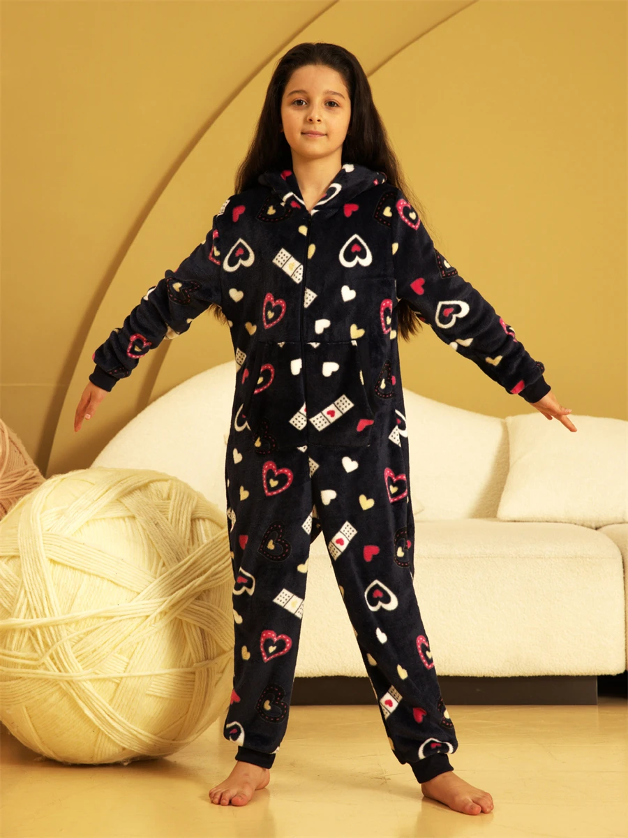 Navy Blue Print Onesies Girls Flannel Pajamas Sets Kids Winter Hooded Pijamas Children Sleepwear