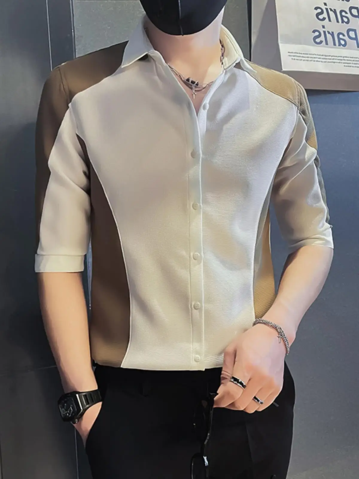 

Sli Patchwork Color Blo Men's irt Jaet Seven Sve Casual No Ironing Anti Wrinkle Autumn Faion Youth Trend