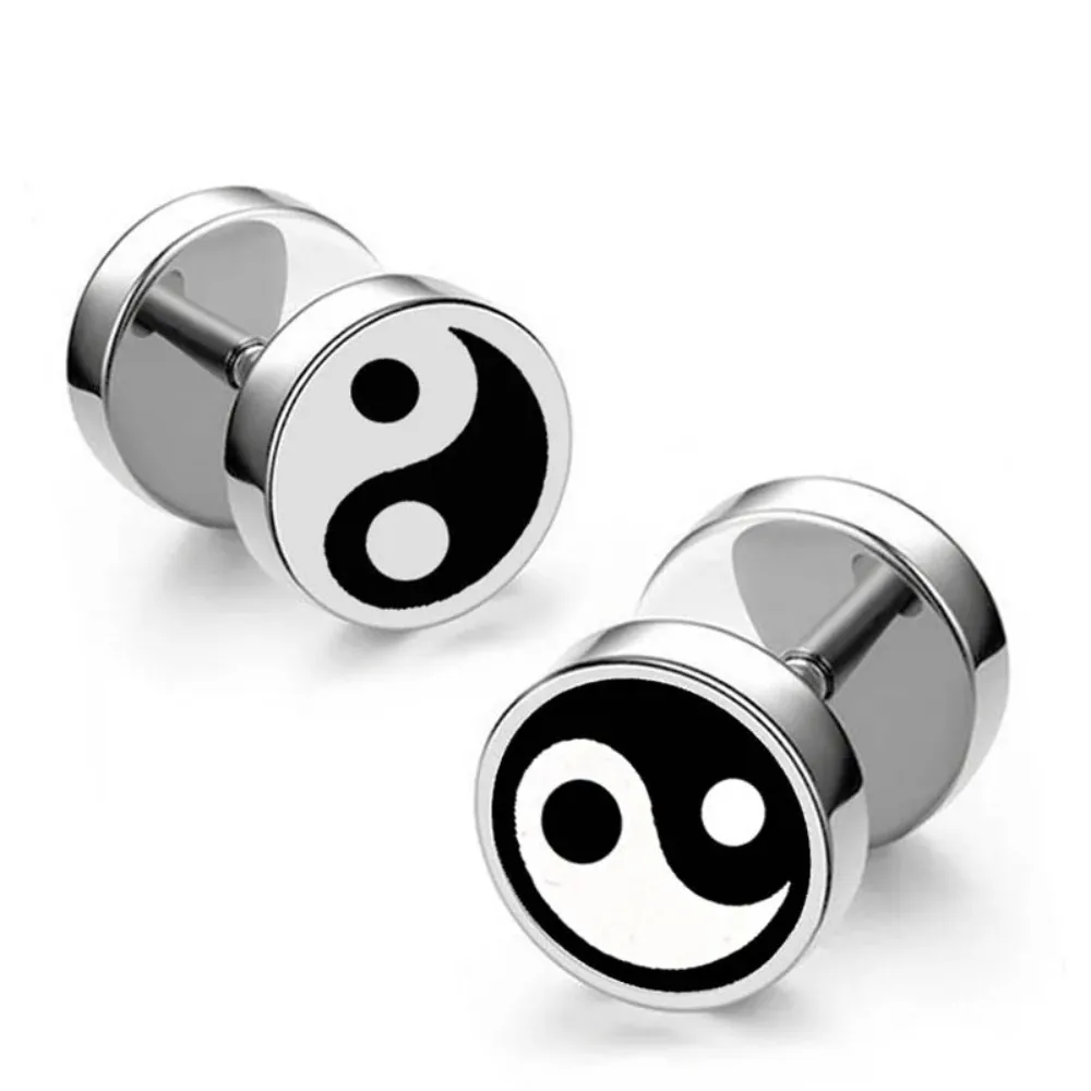 Yin Yang Dumbbell Studs Earring for Men Boy Stainless Steel  Tai Chi Gossip  Punk Cool Fashion Male Jewelry