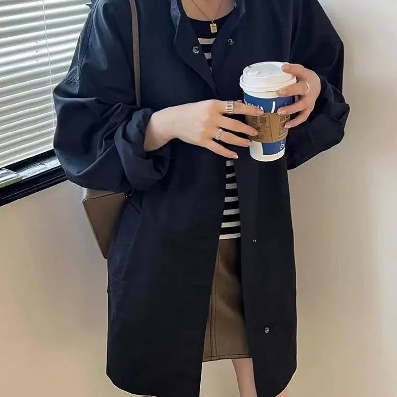 Stand Collar Mid-length Windbreaker New Casual European Women's High-end Foreign Style Loose and Versatile Jacket