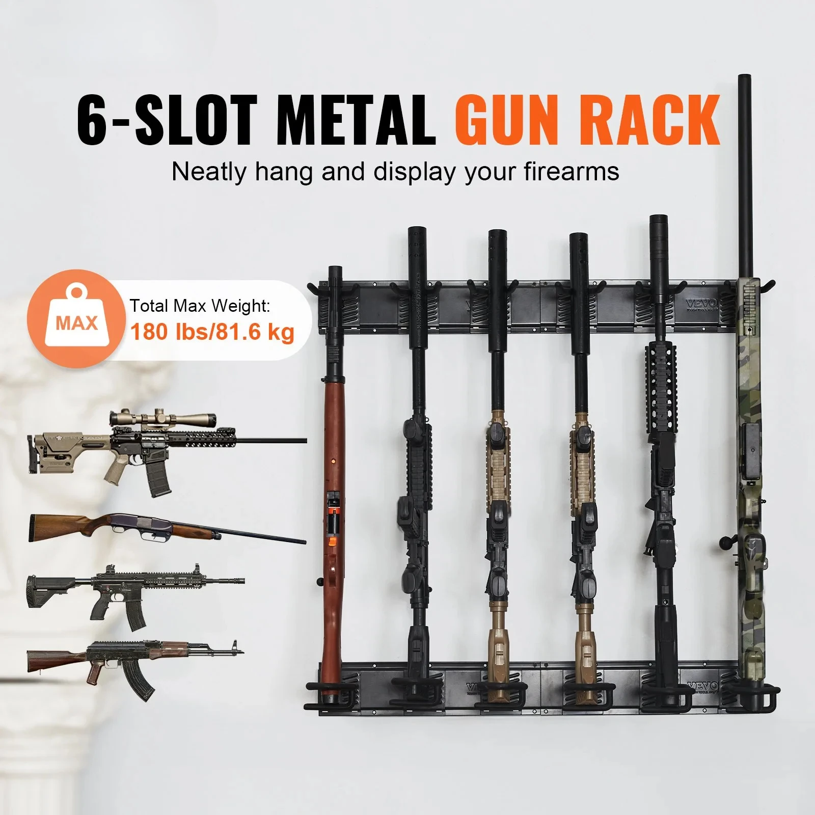 Gun Rack Indoor Gun Rack Wall Mount 6-Slot Vertical Rifle Shotgun Gun Rack 180 lb Heavy Duty Meta with Soft Padding