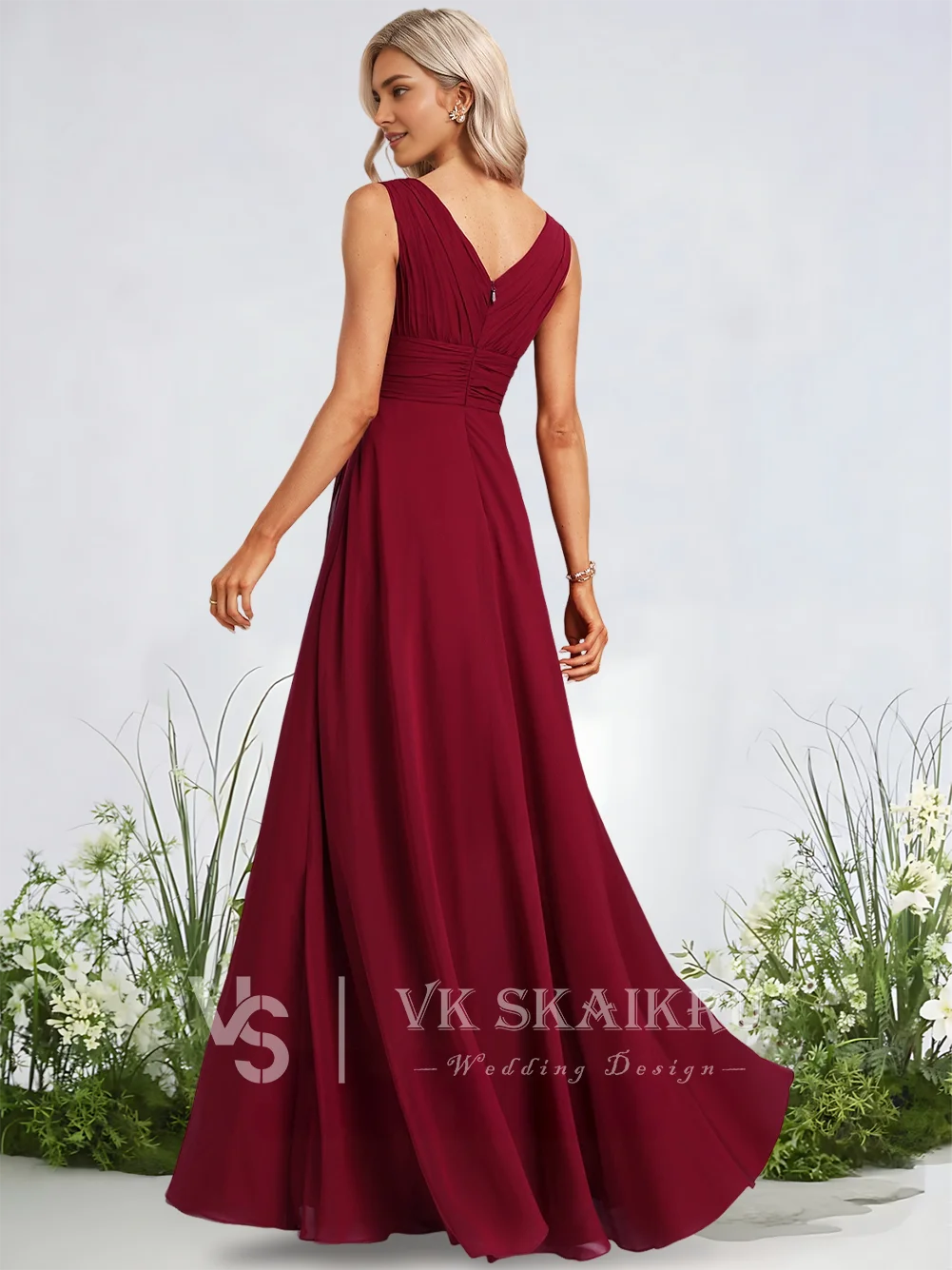 

B ​Prom Lavender A-Line V-Neck Floor-Length Chiffon Bridesmaid Dresses With Ruffle Elegant Wedding Party Guest Evening Cocktail