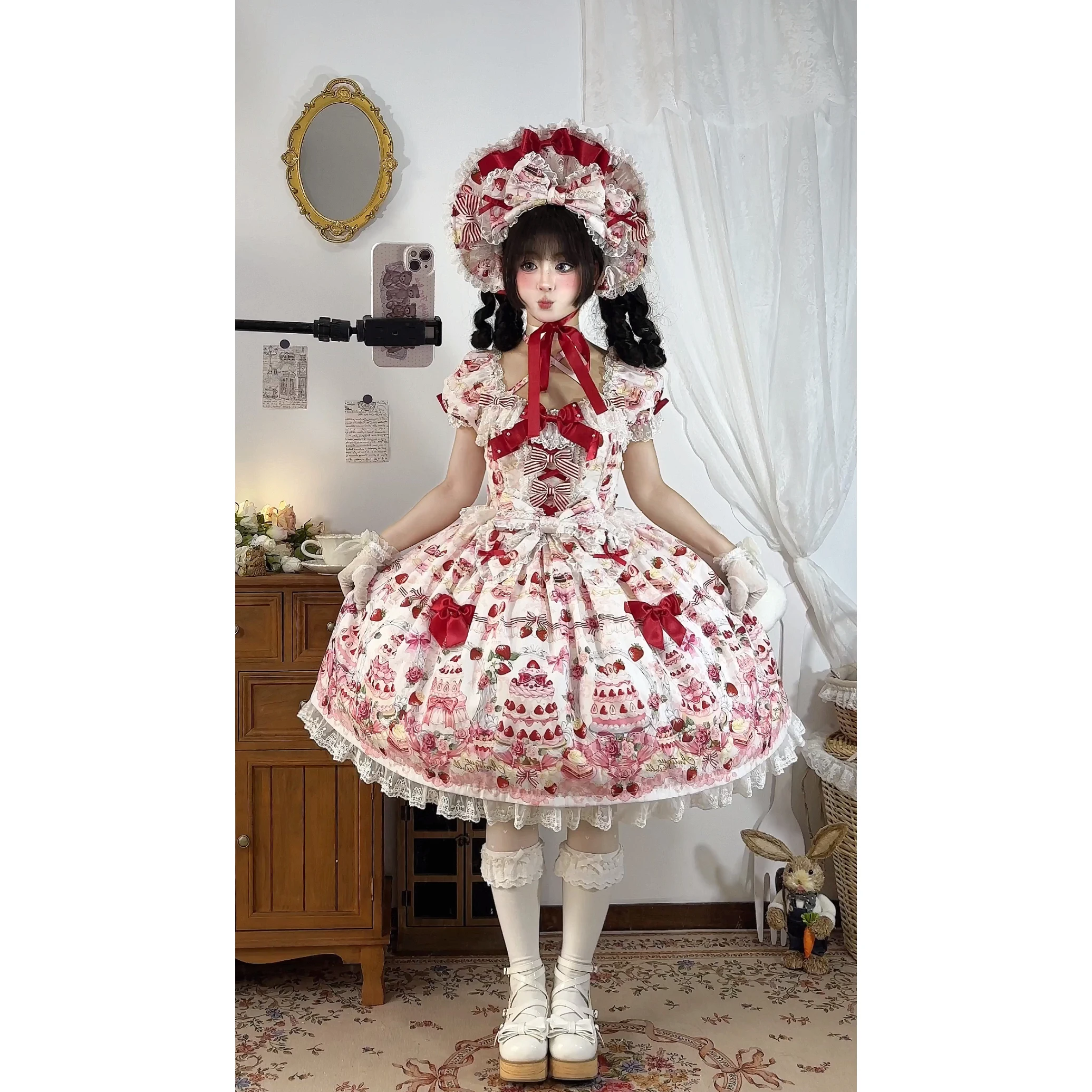 Japanese Girls Lolita Short Sleeve Dress OP Women's Cute Bow Strawberry Print Kawaii Birthday Dress Y2K Princess Dress Vestidos
